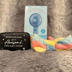 Colorful Fuzzy Headband, Manicure Set and Mini Fan Bundle NWT
